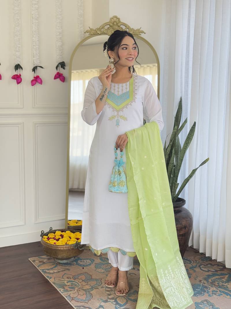 White Women's Viscose Chanderi Fabric Straight Kurta, Pant and Dupatta Set