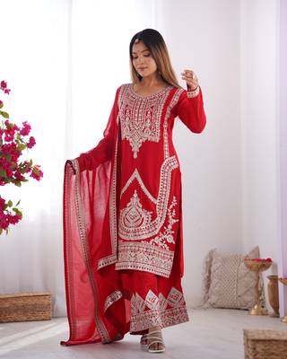 Vichitra Silk Fabric Straight Fit Kurta with Dupatta, Trousers 1
