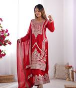 Vichitra Silk Fabric Straight Fit Kurta with Dupatta, Trousers