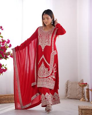 Vichitra Silk Fabric Straight Fit Kurta with Dupatta, Trousers 2