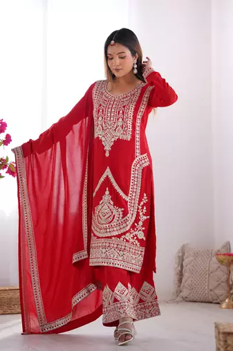 Vichitra Silk Fabric Straight Fit Kurta with Dupatta, Trousers