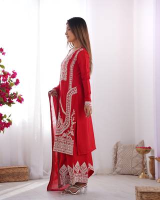 Vichitra Silk Fabric Straight Fit Kurta with Dupatta, Trousers 3