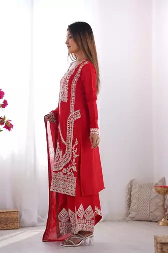 Vichitra Silk Fabric Straight Fit Kurta with Dupatta, Trousers