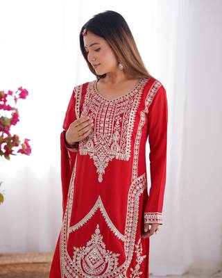 Vichitra Silk Fabric Straight Fit Kurta with Dupatta, Trousers 4