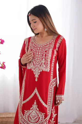 Vichitra Silk Fabric Straight Fit Kurta with Dupatta, Trousers