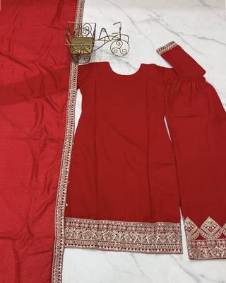 Vichitra Silk Fabric Straight Fit Kurta with Dupatta, Trousers 6