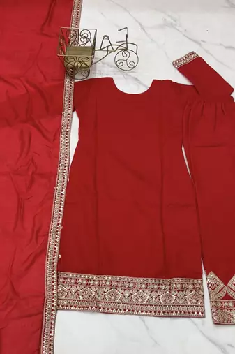 Vichitra Silk Fabric Straight Fit Kurta with Dupatta, Trousers