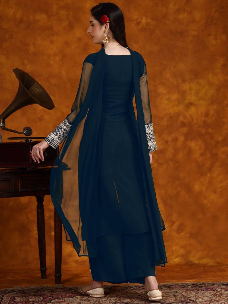 Women Georgette Fabric Embroidered work Straight cut Kurta, Pant and Dupatta Set