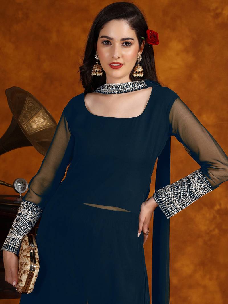 Women Georgette Fabric Embroidered work Straight cut Kurta, Pant and Dupatta Set