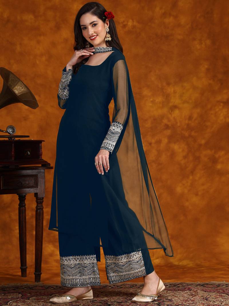 Women Georgette Fabric Embroidered work Straight cut Kurta, Pant and Dupatta Set