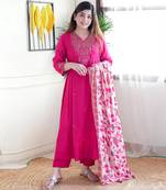 Rani pink chanderi heavy thread embroidery work with jacquard printed dupatta kurta pant set