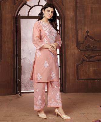 Peach heavy cotton white thread work embroidered lucknowi chikankari mid-length straight kurta 1