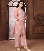 Peach heavy cotton white thread work embroidered lucknowi chikankari mid-length straight kurta