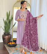 Women's Lavender Embroidered Viscose Fabric Straight Kurta, Pant and Dupatta Set