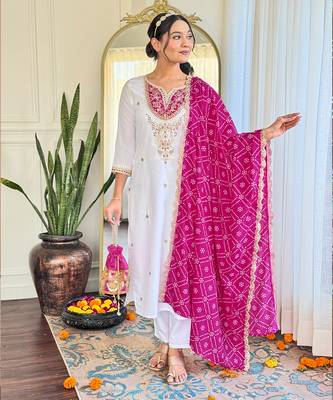 Women's Embroidered Viscose Straight Kurta Pant and Dupatta Set 1