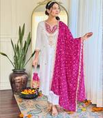 Women's Embroidered Viscose Fabric Straight Kurta, Pant and Dupatta Set
