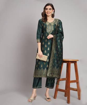   women kurta and trousers pant set heavy zari wok silk blend 1
