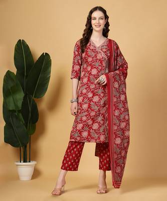 burgundy floral print straight kurta trouser dupatta set 1