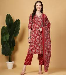 burgundy floral print straight kurta trouser dupatta set
