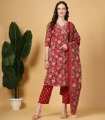 burgundy floral print straight kurta trouser dupatta set