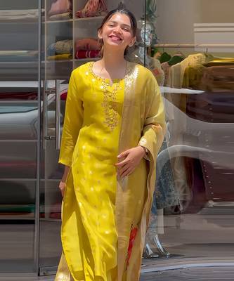 Yellow Embroidered Viscose Muslin Straight Kurta, Pant and Dupatta Set 1