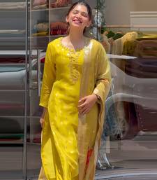 Yellow Embroidered Viscose Muslin Straight Kurta, Pant and Dupatta Set