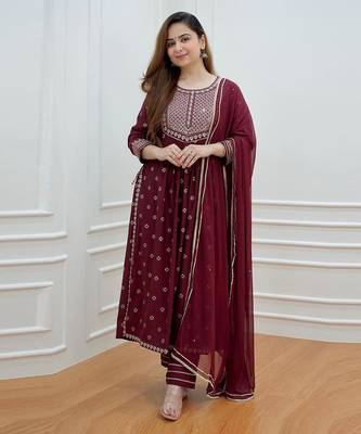 Maroon rayon fabric nayra cut kurti with pant duppatta set 1
