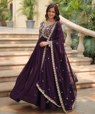 Wine Faux Blooming Georgette With Rich Sequins Multi Embroidered Gown With Dupatta 1
