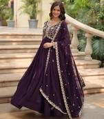 Wine Faux Blooming Georgette With Rich Sequins Multi Embroidered Gown With Dupatta
