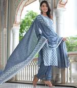 Blue  cotton    embriodery  work straight  kurti pant dupatta set