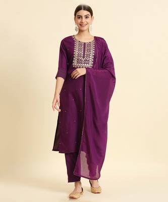 Embroidered Work Slub Rayon Straight Kurta Pant and Dupatta Set 1