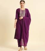 Embroidered Work Slub Rayon Fabric Straight Kurta, Pant and Dupatta Set