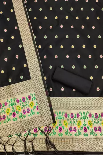 Black floral woven banarasi silk dress material