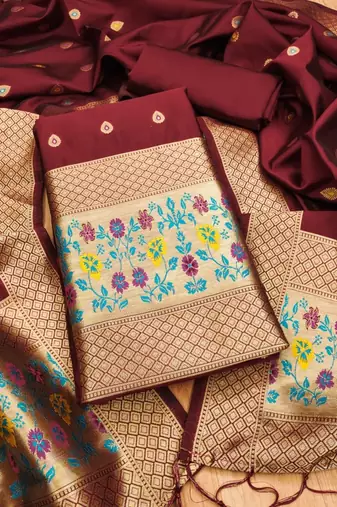 Maroon floral woven banarasi silk dress material