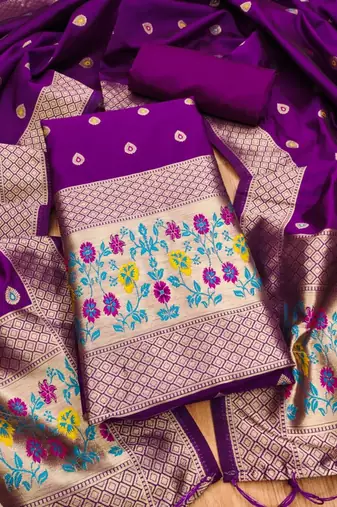 Purple floral woven banarasi silk dress material