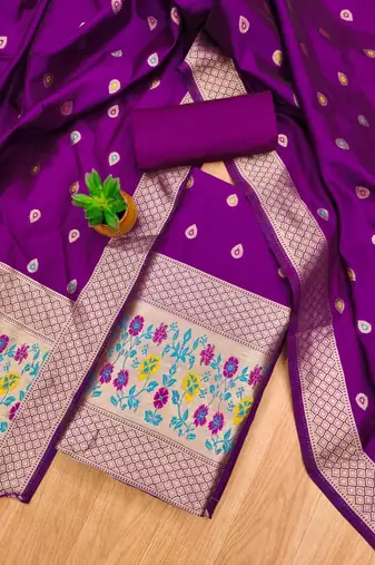 Purple floral woven banarasi silk dress material