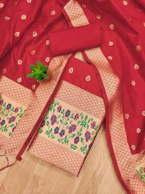Red floral woven banarasi silk dress material 2