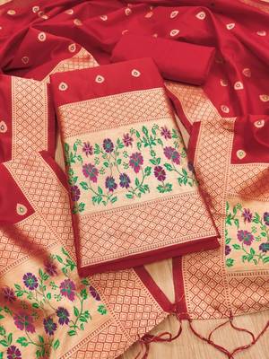 Red floral woven banarasi silk dress material 4
