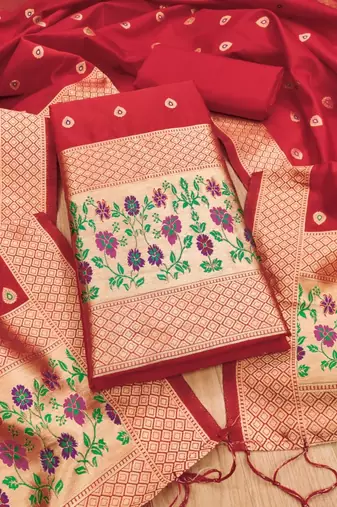 Red floral woven banarasi silk dress material