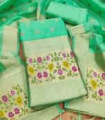 Sea green floral woven banarasi silk dress material