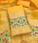 Yellow floral woven banarasi silk dress material