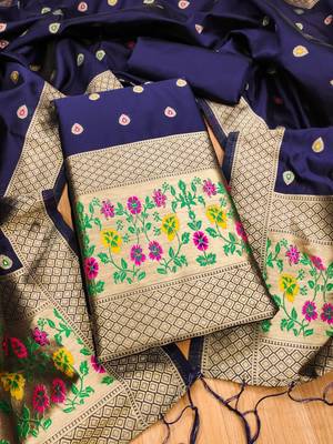 Blue floral woven banarasi silk dress material 1