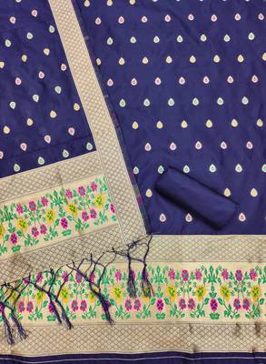 Blue floral woven banarasi silk dress material 3