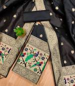 Black floral woven banarasi silk dress material