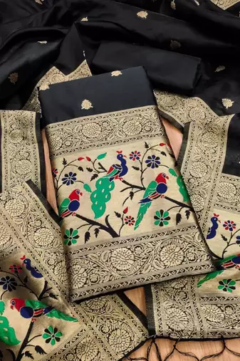Black floral woven banarasi silk dress material