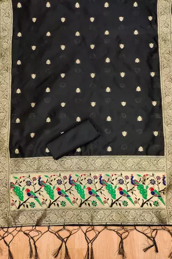 Black floral woven banarasi silk dress material