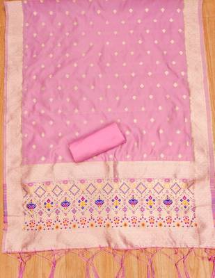 Baby pink floral woven banarasi silk dress material 4