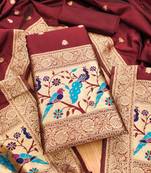 Maroon floral woven banarasi silk dress material