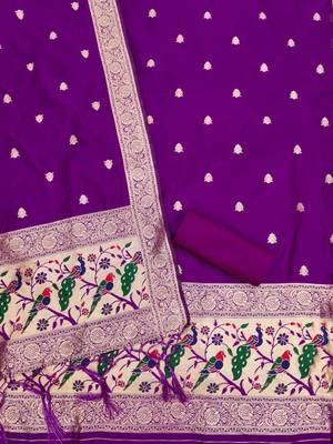 Purple floral woven banarasi silk dress material 3