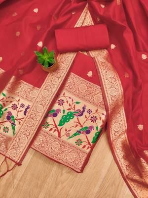 Red floral woven banarasi silk dress material 1